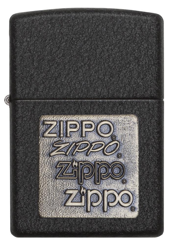 Front view of the Black Crackle Gold Zippo Logo Emblem Lighter